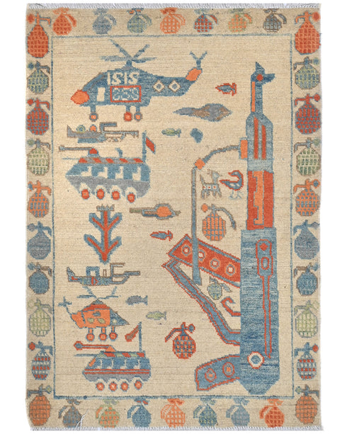 3x5 Beige Kuba Afghan Hand Knotted Wool Area Rug